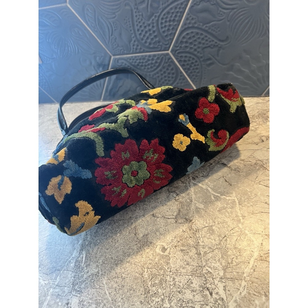 Vintage Floral Chenille Handbag Black Tapestry Carpet Bag Purse Double Handle - Picture 5 of 16